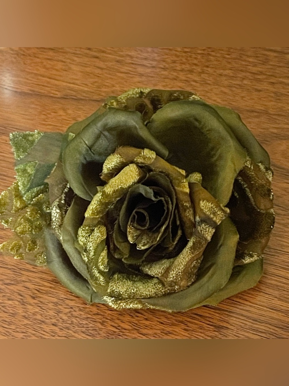 Vintage 1990’s Dark Olive Taffeta/Embossed Velvet Millinery Flower Brooch Pin OS